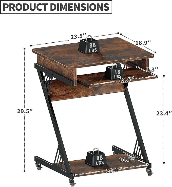 ALISENED Computer Desk for Small Spaces, 23.6" Z-Shaped Compact Study Table with Smooth Keyboard Tray with Wheels and Bottom Shelves for Home Office, Computer Cart Mobile Laptop Cart, Rustic Brown