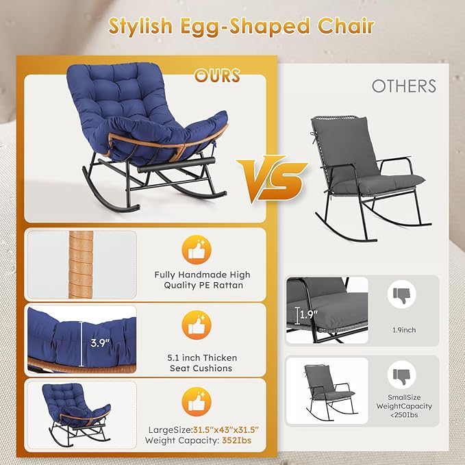 Garvee 2PCS Papasan Rocking Chair with Foot Rest, Oversized Papasan Chair with Thick Removable Cushion and Metal Frame, Lounge Chairs and PE Rattan Rocker for Patio, Porch, Garden, Lawn, Living Room