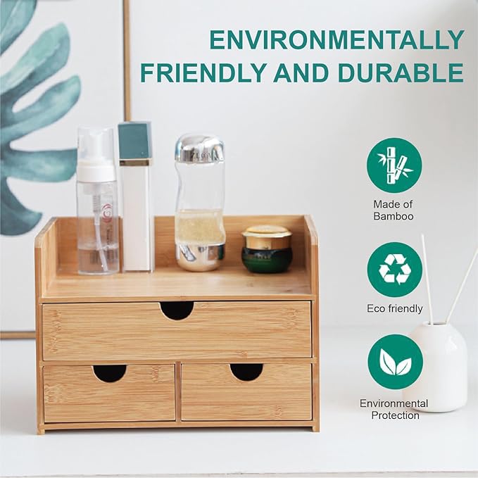 3 Drawer Bamboo Desk Organizer with Shelf – Makeup Storage & Tabletop Organizer for Home Office, Workspace, or Bathroom – No Assembly Required