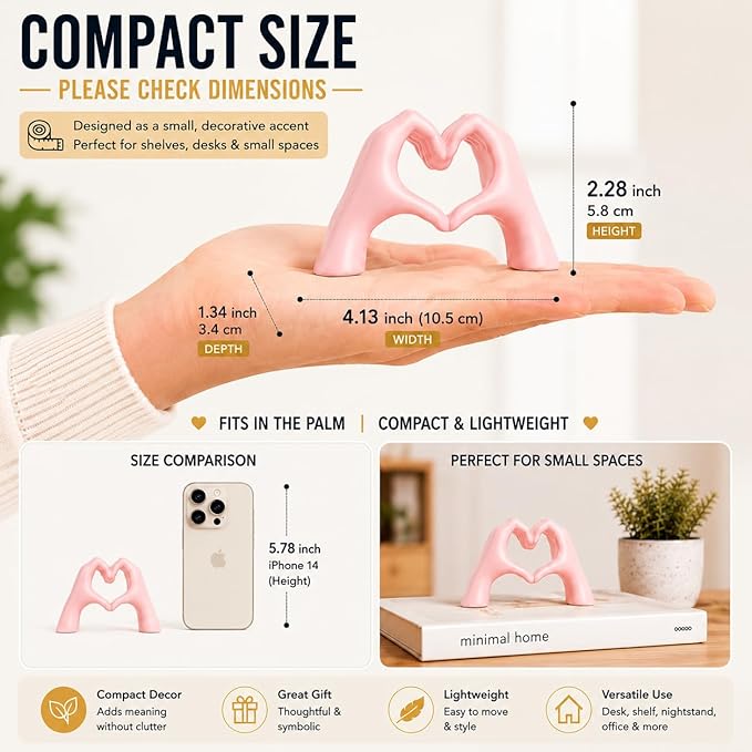 Pink Decor Living Room – Mini Small Heart Hands Sculpture – Shelf Decor Aesthetic – Cute Home Accent Table & Shelves – Love Statue - Gifts Girlfriend, Wife, Women, Teen Girls, Valentine (Pink, Mini)