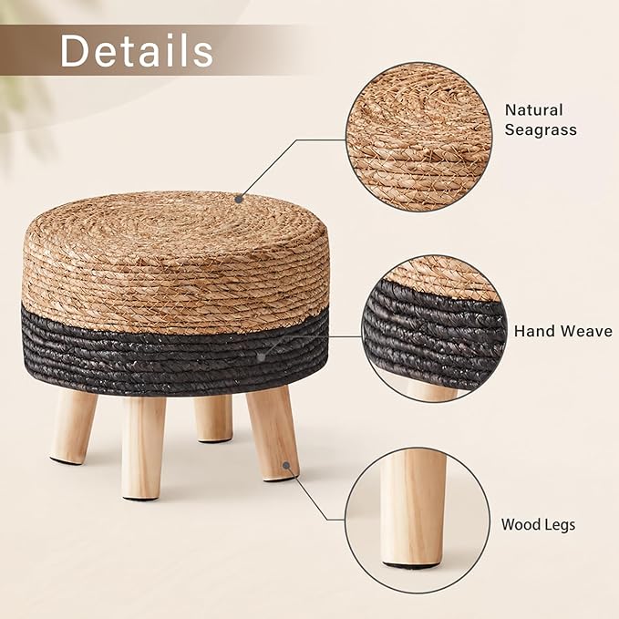Wimarsbon Round Foot Stool Natural Seagrass Poufs Ottoman Hand Weave Footrest Stool for Couch Desk Extra Seat Step Stool with Solid Wood Legs for Hallway Patio Lounge Black