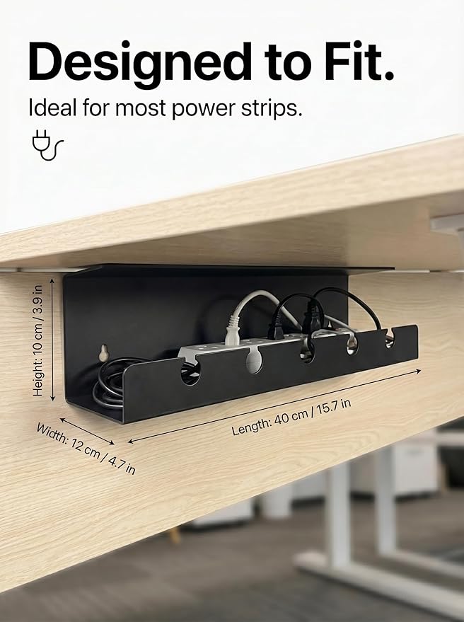 Under Desk Cable Management Tray No Drill, Cord Organizer for Desk, Wire Organizer, Cable Tray for Home Office Standing Desk, Wire Managment, Cord Hider, Set of 2 pcs (Black)