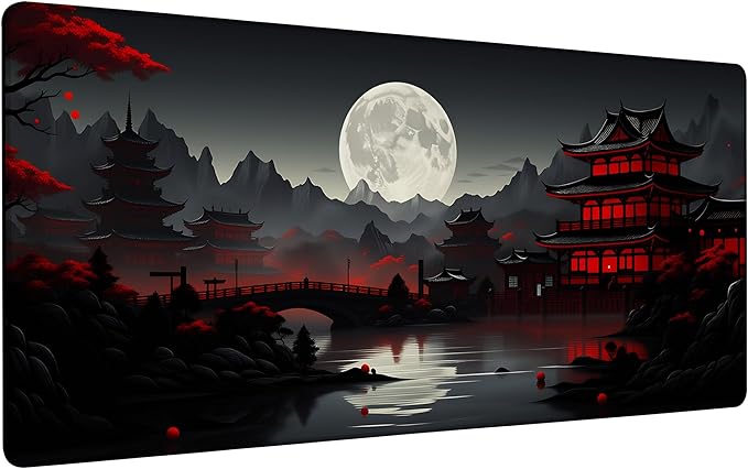 Japan Red Black Full Moon Mouse Pad,35.4 x 15.7 Inch Large Mouse Mat Non-Slip Rubber Stitched Edges for Writing Desk,Office,Home,Laptop