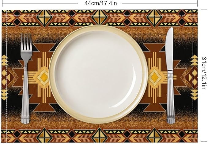 Vintage Aztec Southwest Placemats Ethnic Style Design Boho Geometric Pattern Linen Washable Table Mats Stain Heat-Resistant Desktop Decor Place Mats for Home Kitchen Dining Party 12x18 in 6 Pcs