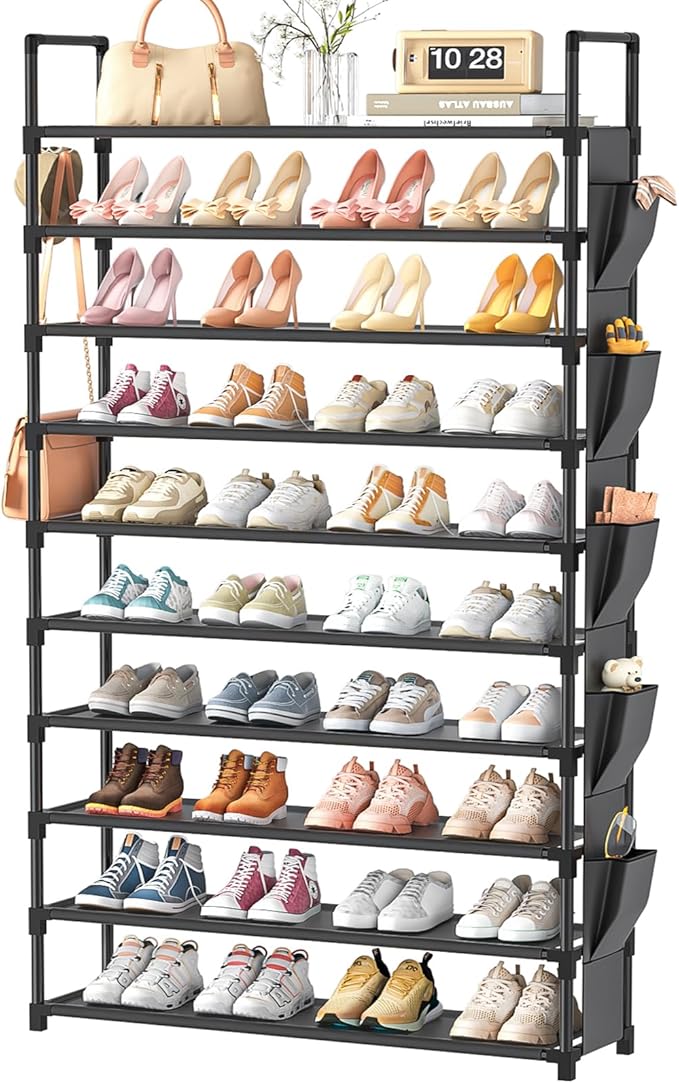 LUKYTOWER Tall Shoe Rack 10 Tier Shoe Racks Organizer for Closet 40-45Pairs,Large Capacity Storage Rack for Shoes with 5Hooks,Sturdy Shoe Shelf, Vertical Shoe Stand Tower