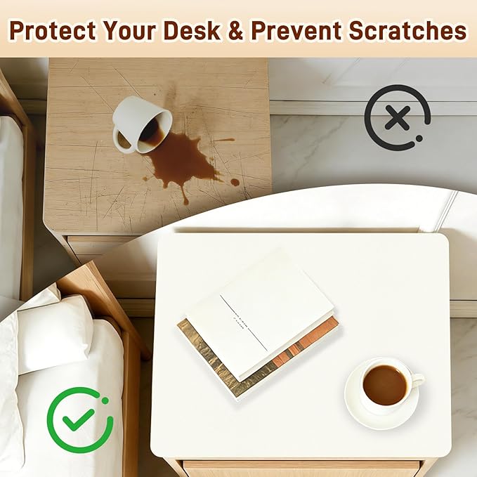Cuttable PU Leather Nightstand Mat - 13.8x10.8in, Waterproof, Heat Resistant & Non-Slip Night Stand Accessories, Bedside Table Mat, Dresser Protector Top, End Table Cover, Small Desk Mat, Cream White