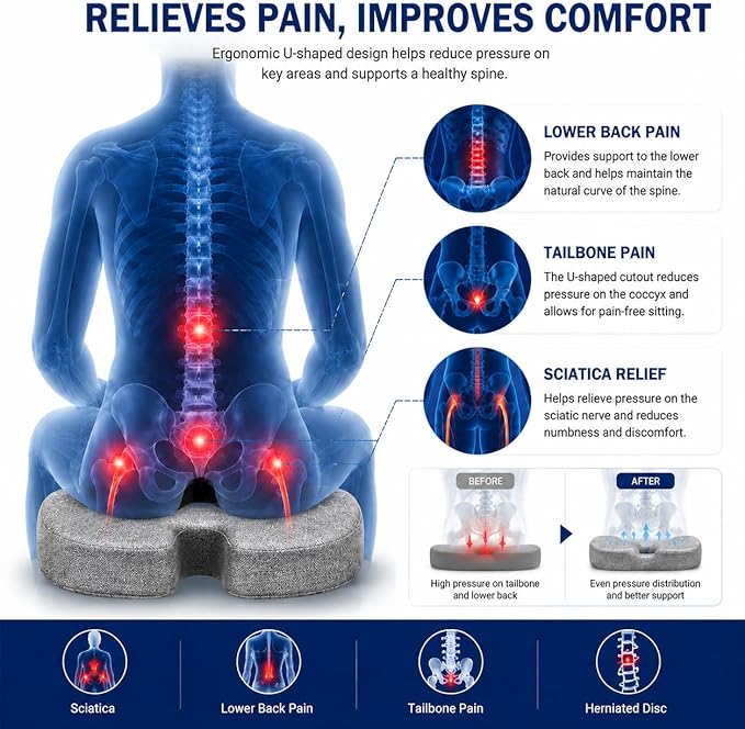Seat Cushion for Long Sitting, Cooling Gel Memory Foam Seat Cushion - Back, Sciatica, Coccyx, Tailbone Pain Relief - for Office Chairs, Car Seat, Wheelchair Sitting Cushion (Grey)