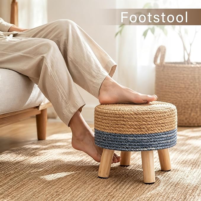 Wimarsbon Round Foot Stool Natural Seagrass Poufs Ottoman Hand Weave Footrest Stool for Couch Desk Extra Seat Step Stool with Solid Wood Legs for Hallway Patio Lounge Blue