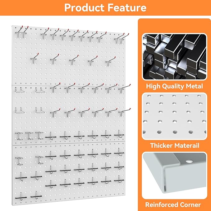 WALMANN 96 PCS Metal Pegboard with Pegboard Hooks, Garage Wall Tools Storage Pegboard for Garage, Workbench, Peg Boards, Tool Organizer Board and Hooks(Grey)