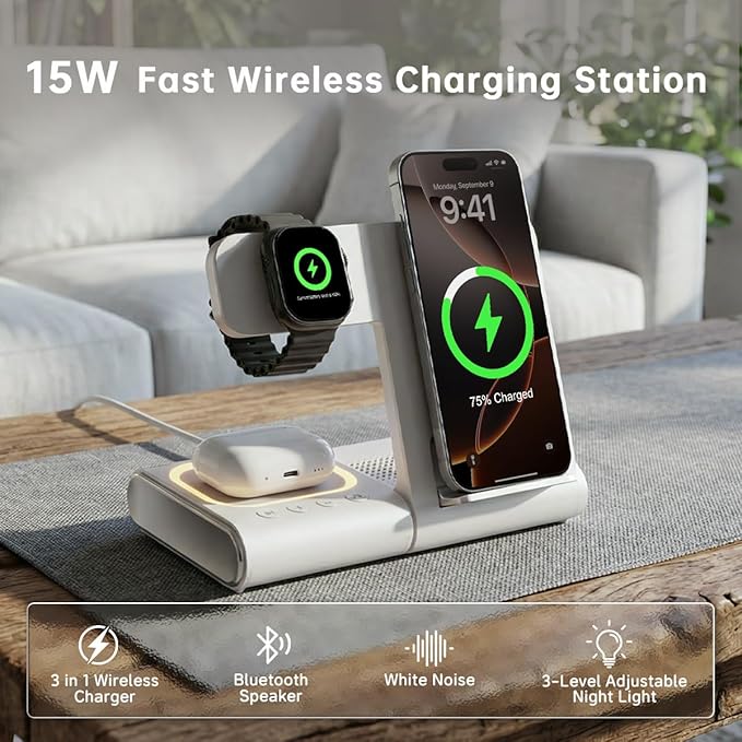BLKE 3 in 1 Wireless Charging Station with Bluetooth Speaker & Night Light, 33W Foldable Bedside Charger Stand for iPhone 17/16/15/14/13, Apple Watch, AirPods Pro & Samsung Galaxy Phone
