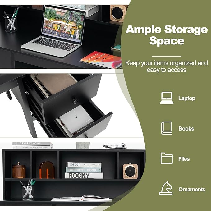 Giantex Black Desk with Drawers & Hutch, Home Office Desk with Charging Station, 5 Storage Cubbies, Makeup Vanity Table, Modern Study Writing Desk, PC Laptop Desks, Computer Workstation for Bedroom