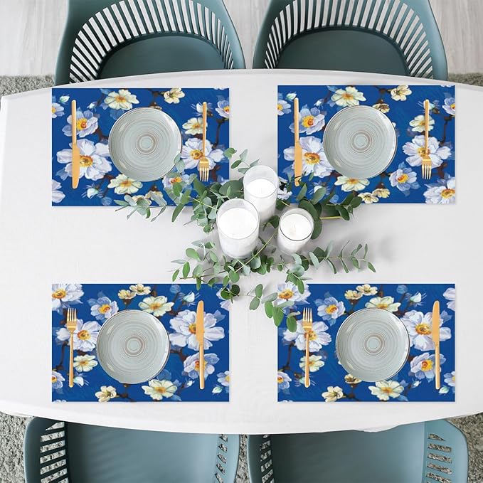 Placemats Set of 4 Heat-Resistant Rectangle Place Mats Painting Blue Flower Washable Plastic PVC Dining Table Mat Non-Slip Wipeable Woven Vinyl Placemat for Kitchen Patio Table Decor