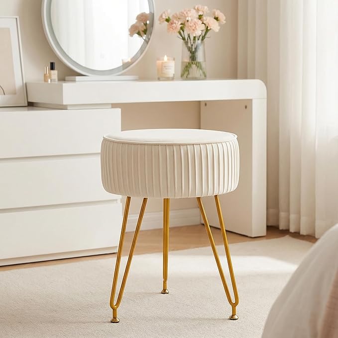 Velvet Vanity Stool, Modern Ottoman Foot Rest Stool with Adjustable Golden Legs, Makeup Chair for Vanity, Multifunctional Small Vanity Chair for Bedroom, Beige
