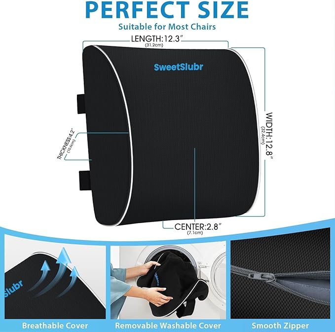 SweetSlubr Lumbar Support Pillow for Office Chair, Car & Gaming Chair, Ergonomic Memory Foam Cushion for Back Comfort, Zoned Back Support, Double Adjustable Straps, Breathable Washable Cover, Black