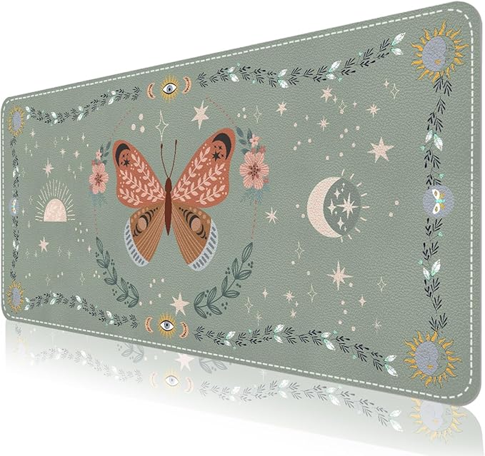 DINKY Leather Desk Pad, Green Butterfly Laptop Computer Desk Keyboard Mat, Table Protector Blotter Mat, Non-Slip Large Mouse Pad for Office/Work/Home 35.4" x 15.7"