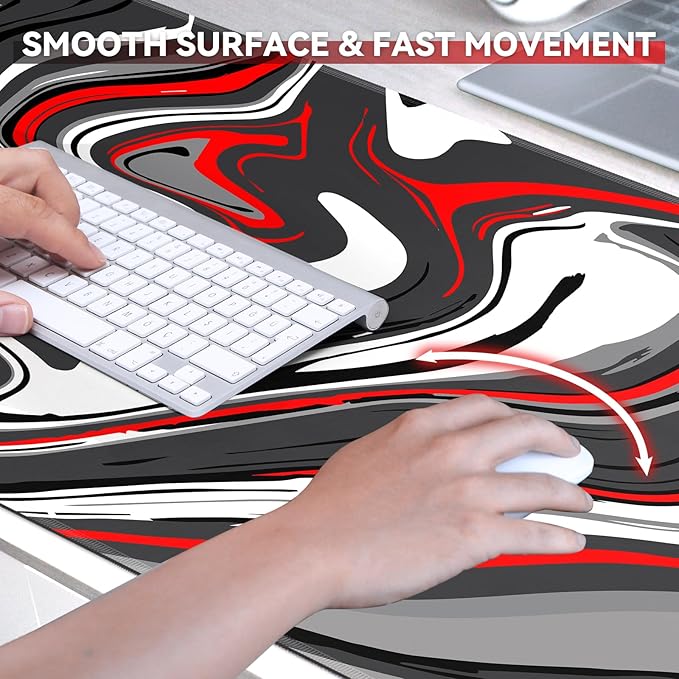 Gaming Mouse Pad Big Mousepad with Non-Slip Rubber Base, 31.5 x 11.8 in XL Large Desk Mat for Gaming Home Office, Long Keyboard Pad Mouse Mat for Computer with Stitched Edges, Grey and Red Fluid