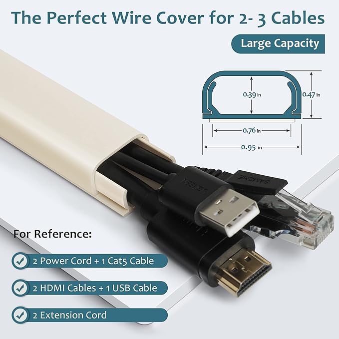 Wire Covers for 2-3 Cords, 43.7in Cord Hider, Wire Hiders for TV on Wall, Paintable Cable Cover Channel, Cable Management Raceway Kit for Wall Mounted TV in Home Office, 0.95in W X 0.47in H, Beige