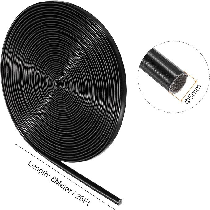 MECCANIXITY Insulation Braided Cable Sleeve,26 Ft-1/5 Inch ID Black, High Temp Silicone Fiberglass Sleeving for Cable Wrap, Automotive Wiring Protection
