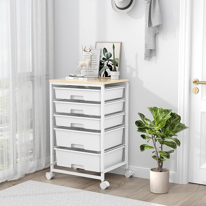 SYKIARIOL Utility Cart with 5 Drawers,Storage Drawer Cart with Wooden Tabletop and Lockable Wheels,Craft Storage Trolley Cart,5-Tier Rolling Utility Cart on Wheels,Bright White