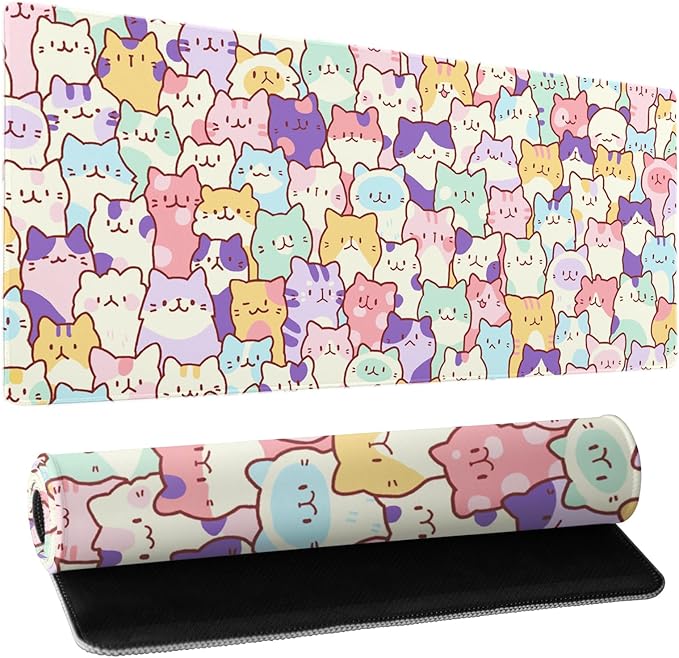 Kawaii Cats Gaming Mouse Pad XL Cute Anime Kittens Japanese Extended Large Desk Mat 31.5”x11.8” Cats Desk Pad for Gamer Non-Slip Rubber Base Stitched Edge Long Keyboard Mousepad for PC Computer Laptop