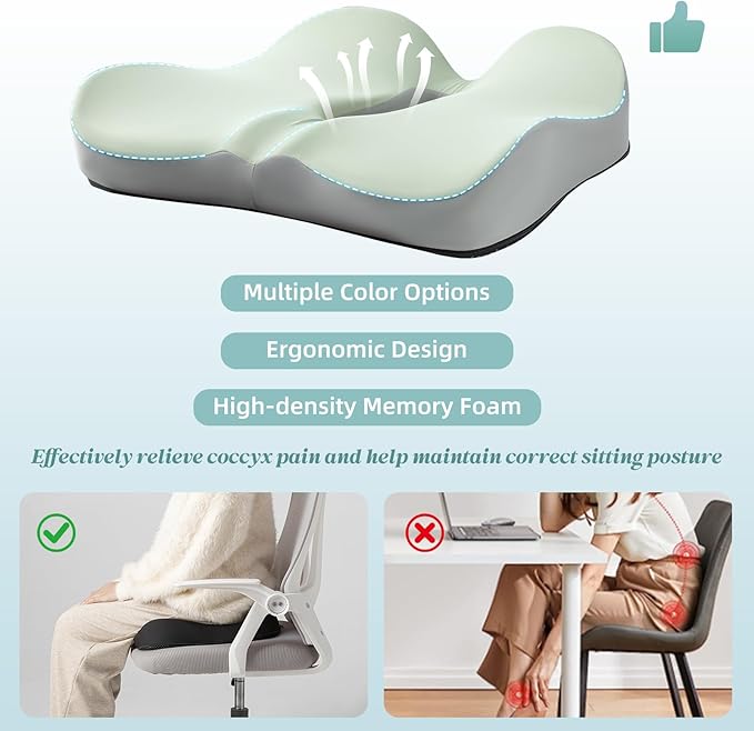 SheRest Seat Cushion, Ergonomic Memory Foam Cooling Cushion, Pressure Relief Suitable for Long Sitting Hours on Office Chairs, Desks, Cars and Airplane Seats, Green