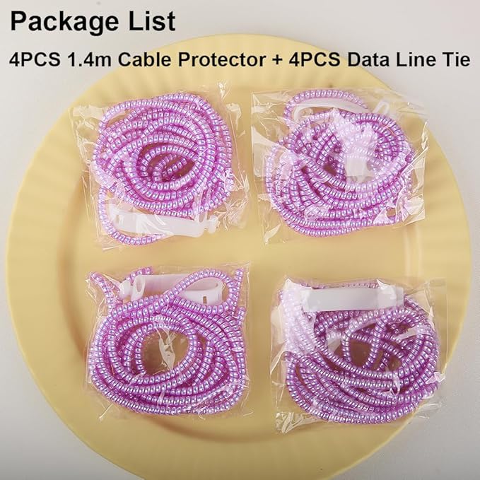4pcs 1.6M(5.25FT) Spiral Cable Protector, Multicolor Suitable for Most Phone/Pad/Laptop USB Wire Cord Savers Protection Cover Anti-Break Wrap Charger Data Line Cables Sleeves, Laser Purple