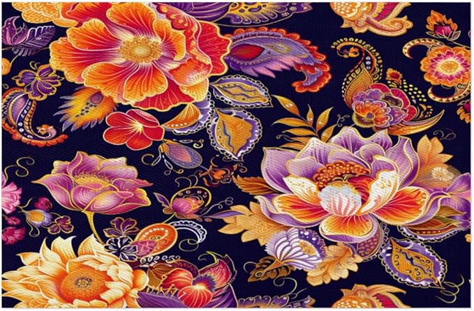 Placemats Set of 4 Heat-Resistant Rectangle Place Mats Ethnic Boho Flower Washable Plastic PVC Dining Table Mat Non-Slip Wipeable Woven Vinyl Placemat for Kitchen Patio Table Decor