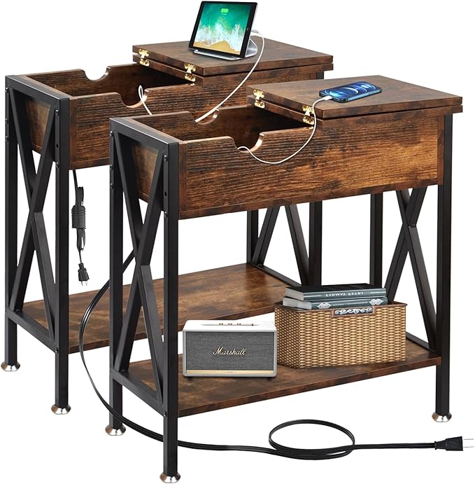 TooCust End Tables Living Room Set of 2, Narrow Side Table with Charging Station, 12" D x 24" W x 24" H, Flip Top End Table with USB Ports and Outlets, Couch End Tables Set of 2, Steel X-Shaped Frame