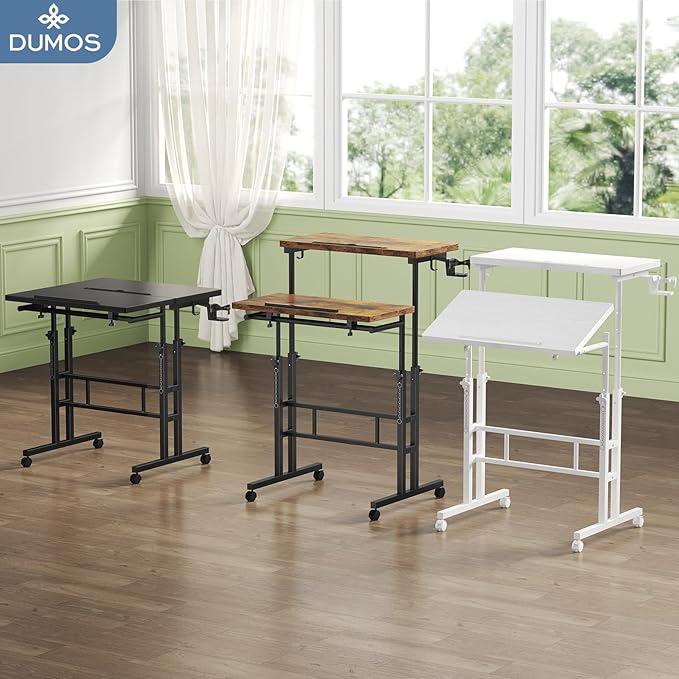 DUMOS Split Top Rolling Standing Desk, 23.6" Mobile Laptop Desk, Manual Height Adjustable Workstation on Wheels, Sit Stand Office Table, Walking Pad Study Desk,White