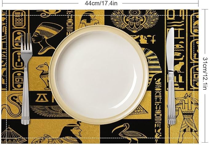 Ancient Egyptian Placemats Ancient Culture Black Golden Egyptian Hieroglyphs Linen Washable Table Mats Stain Heat-Resistant Desktop Decor Place Mats for Home Kitchen Dining Party 12x18 in 6 Pcs