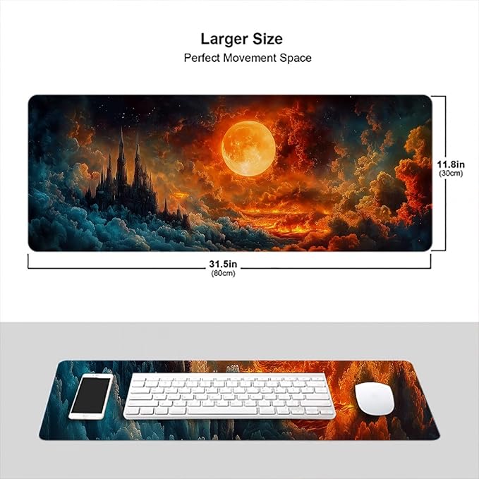 Fantasy Scenery Desk Pad Mouse Pad Hell Moon Ancient Burning Castle XL Mouse Pad Large Mousepad Extended Laptop Keyboard Mat Gaming Desk Pad Mouse Mat Office Computer Keyboard Laptop Home