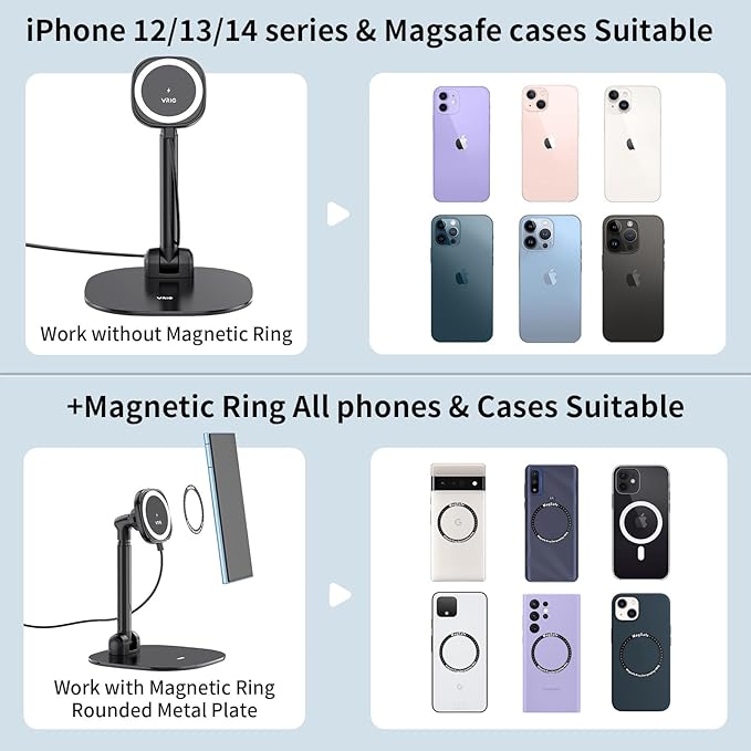 VRIG Magnetic Wireless Charger Phone Stand 360°Rotation Desktop Phone Holder Adjustable Cell Phone Stand for iPhone 17/17pro/16/15/14/13 Series Foldable Wireless Charging Station for Android/AirPod