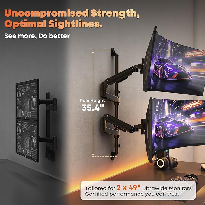 17-49" Dual Monitor Wall Mount - Fits Ultrawide Screens, Heavy Duty Gas Spring Arm with Long 35.4" Pole for Max Height Adjustment, Holds 44 lbs per Arm, VESA 75/100mm, Black