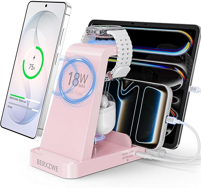 Wireless Charger for Samsung: 5 in 1 Samsung Wireless Charging Station for Galaxy S26Ultra/S25/S24, Charger Dock Stand for Galaxy Watch8/7/6/5, Android Charging Station for All USB-C Buds, Pink