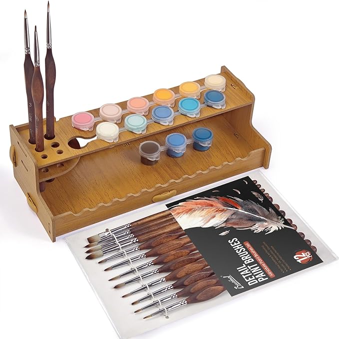 Bougimal 12 Pcs Detail Paint Brushes and Wooden Organizer Rack 2-in-1 Set, Holds Detail Brushes for Easy Access & Optimizes Workspace, Paint by Numbers Kits Accessories and Tools for Adults
