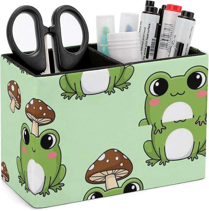 Square Pen Holder with Anti-Slip Bottom Cute Green Frog Mushroom, Practical and Chic Desk Organizer