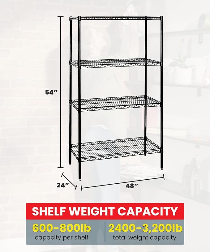 QUANTUM STORAGE SYSTEMS WR54-2448BK Starter Kit Wire Shelves Black Epoxy 4 Shelves 54" H x 48" W x 24" D