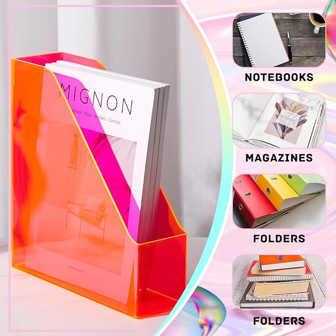 Engrowtic 2 Pcs Fluorescent Powder Vertical Magazine File Holder Acrylic Magazine Holder Storage Organizer Plastic Acrylic Rack for Office Classroom Home Document Paper Book Collection