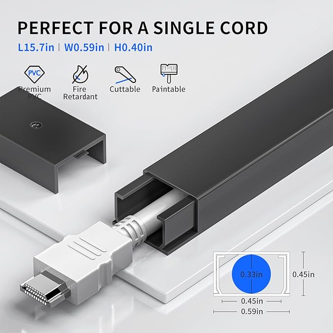 142in Black Cord Hider, Delamu Black Cord Covers for Wires on Wall, One-Cord Wire Cover, Snap-on Design Cable Hider for Corner-Mounted TVs, Easy Set up Cable Cover Raceway, L15.7 W0.59 H0.4in