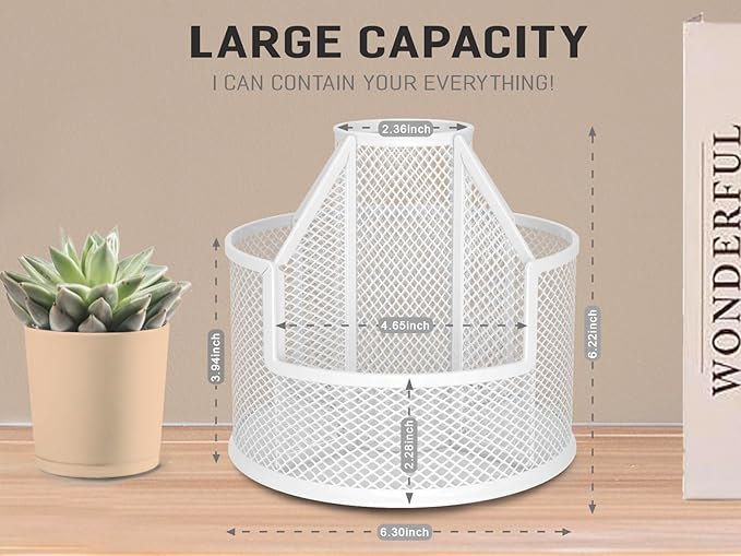 Sturdy Rotating Pen Holder, Cute Metal Pencil Holder, Large Mesh Pen Organizer for Desk, Premium Friendly Office Desk Accessories & Workspace Organizers, White
