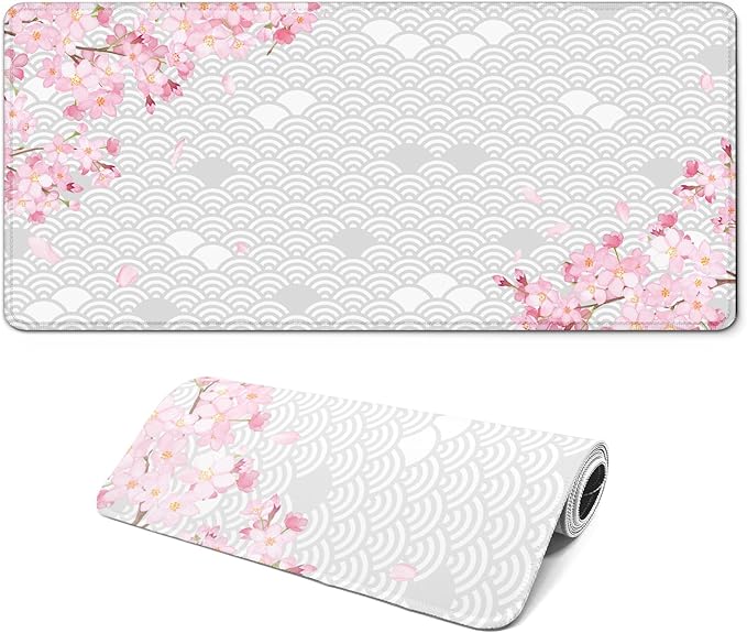 Gaming Mouse Pad with Anti-Slip Rubber Base, Extended Large Computer Mouse Mat with Stitched Edges, Long XL Anime Mousepad for Laptop and Keyboard, 31.5 x 11.8 inch (Grey Cherry Blossom)