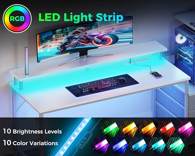 Casaottima 59 Inch Gaming Desk with USB Charging Ports & LED Light - Reversible Computer Desk with 3 Fabric Drawers, Monitor Stand, CPU Stand, Modern Office Desk, White