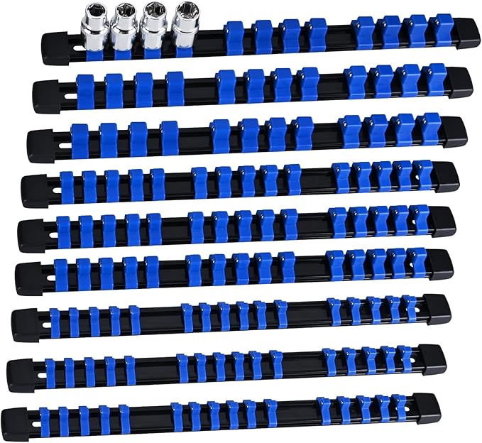 Socket Organizer Set 9PCS ABS Socket Holder Kit, 1/4-Inch x 48 Clips, 3/8-Inch x 45 Clips, 1/2-Inch x 36 Clips Socket Set Organizer, Drive Socket Tray, Socket Holders Clip Socket Rail, Blue