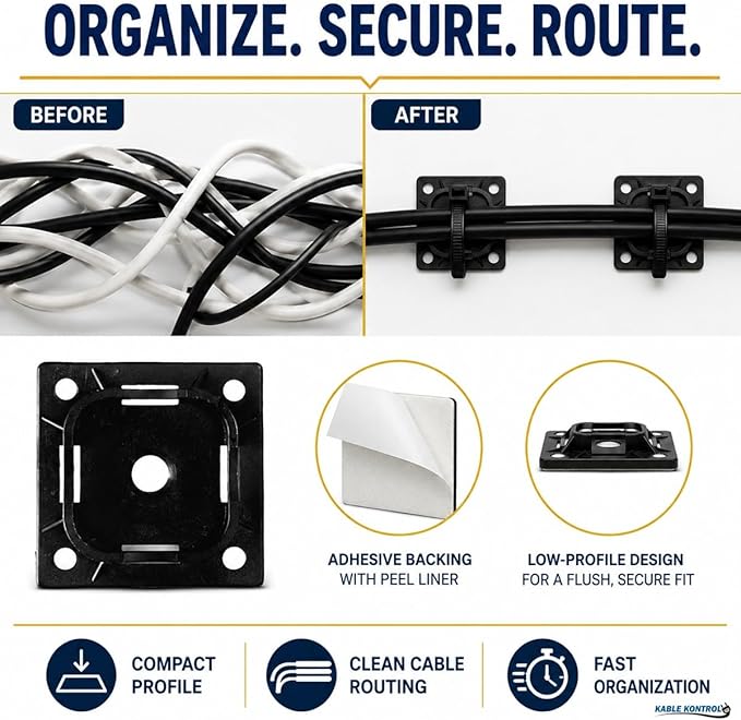 Kable Kontrol Zip Tie Mounts, 1-1/2” Sq, Black, 100 Pcs, Adhesive Backed Multi-Purpose UV-Resistant Mounting Squares Nylon Cable Tie Wrap Anchor Pads for Cable Management