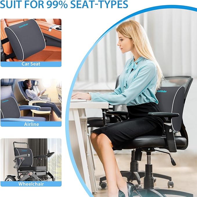 SweetSlubr Large Lumbar Support Pillow for Office Chair, Car Seats and Home Desks, Ergonomic Back Support with Double Adjustable Straps, Machine Washable Cover, Grey