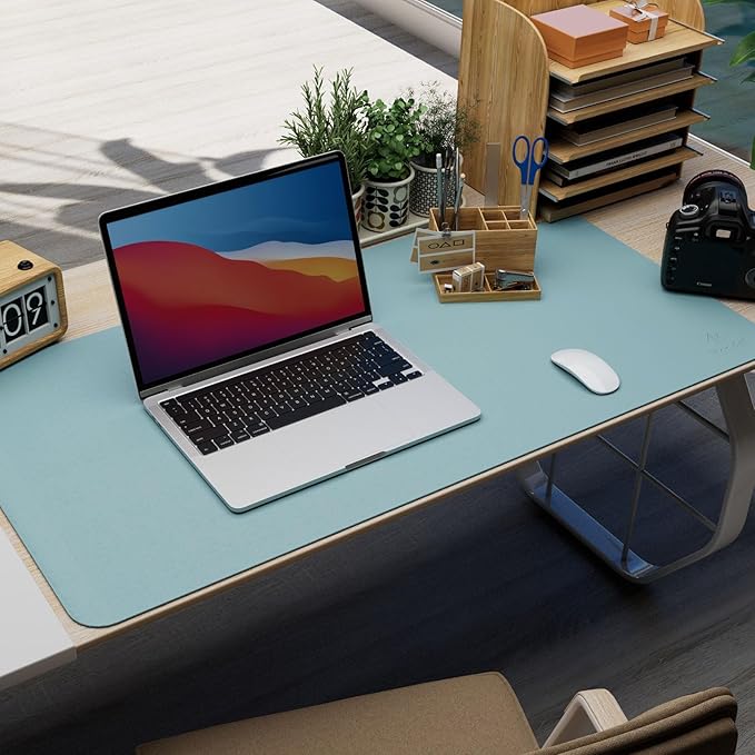 K KNODEL Leather Desk Pad Protector, Office Desk Mat, Large PVC Leather Desk Blotter, Non-Slip Mouse Pad (Sky Blue, 15.7" x 31.5")