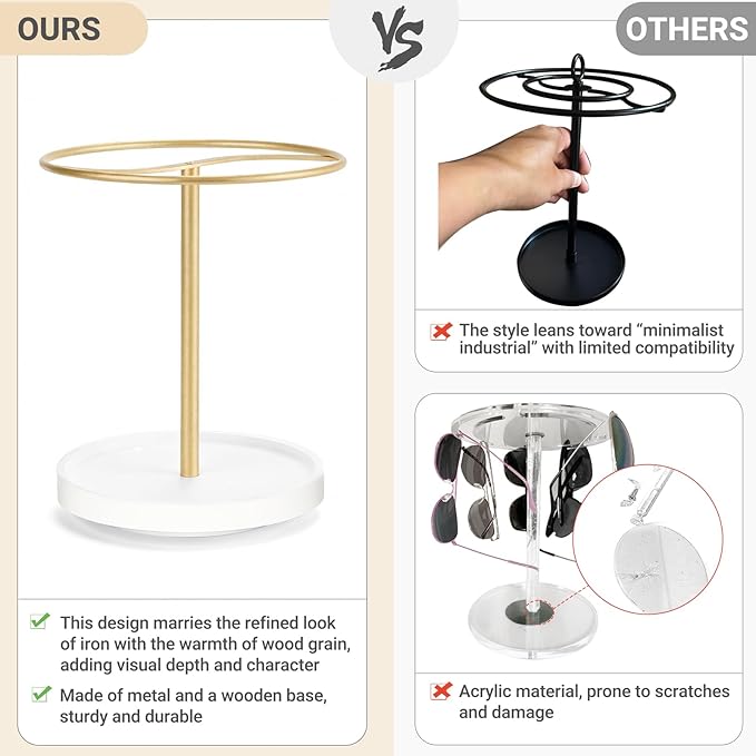 Mkono 360° Rotating Sunglasses Organizer Eyeglasses Holder Stand Metal Frame with Wood Base Tray Storage Display Rack for up to 12 Pairs of Eyewear for Table Dresser Desk Bedroom