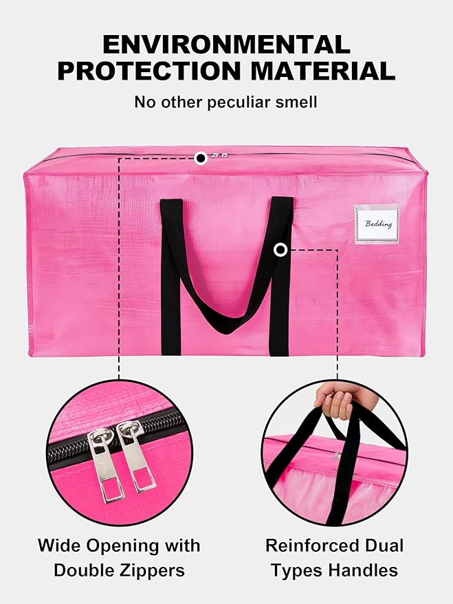 80 Pack Large Strong Moving Bags with Zippers & Carrying Handles - Water-Resistant - Heavy Duty Storage Tote for Space Saving, Fold Flat, Alternative to Moving Box (Pink)