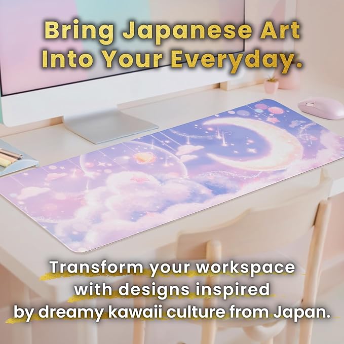 BELLEMOND Japanese Art Desk Mat | Large 31.5x11.8in Anime Mouse Pad for Keyboard & Mouse | Non-Slip Base, Water-Repellent | Original Japanese Design | Moonlit Pastel Cosmos