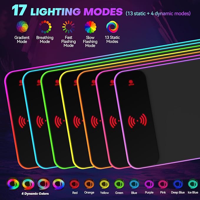 RGB Gaming Mouse Pad with 15W Wireless Charger, 17 Lighting Modes LED Mouse Mat, Extra Large 27.6"x11.8" Extended Mouse Pad with Non-Slip Base, Type-C Plug & Play, for Keyboard, Mouse, and Phone